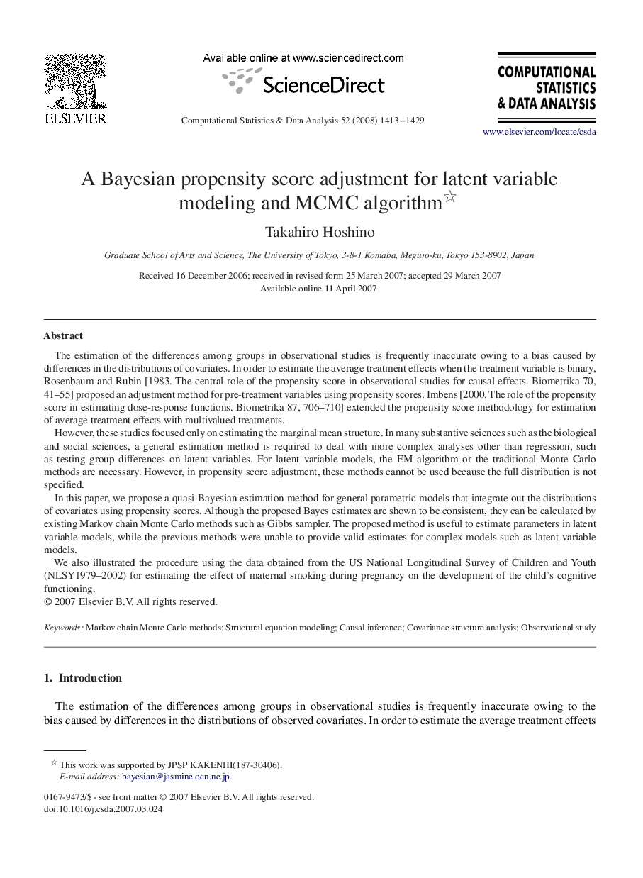 A Bayesian propensity score adjustment for latent variable modeling and MCMC algorithm 