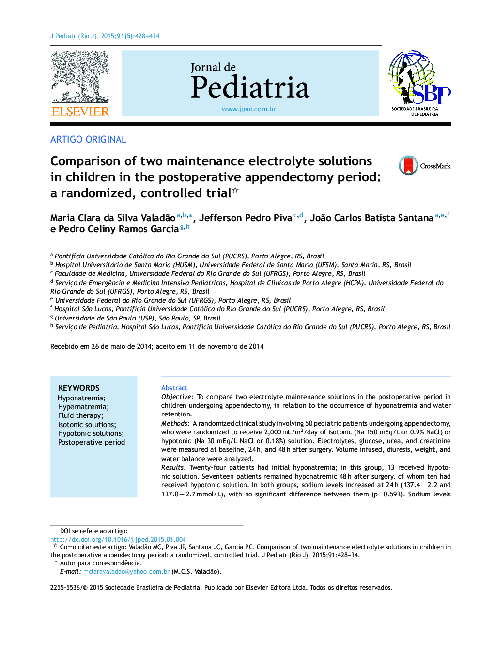 Comparison of two maintenance electrolyte solutions in children in the postoperative appendectomy period: a randomized, controlled trial 
