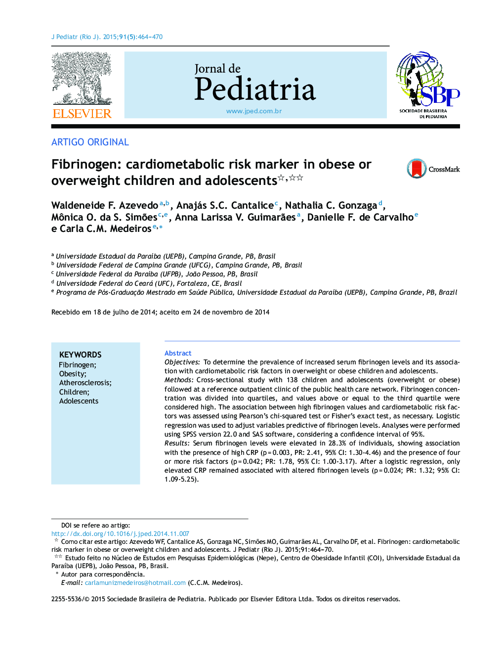 Fibrinogen: cardiometabolic risk marker in obese or overweight children and adolescents 