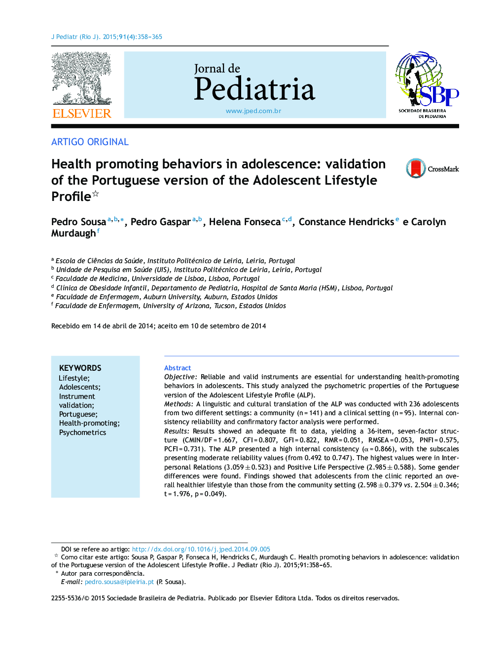 Health promoting behaviors in adolescence: validation of the Portuguese version of the Adolescent Lifestyle Profile 