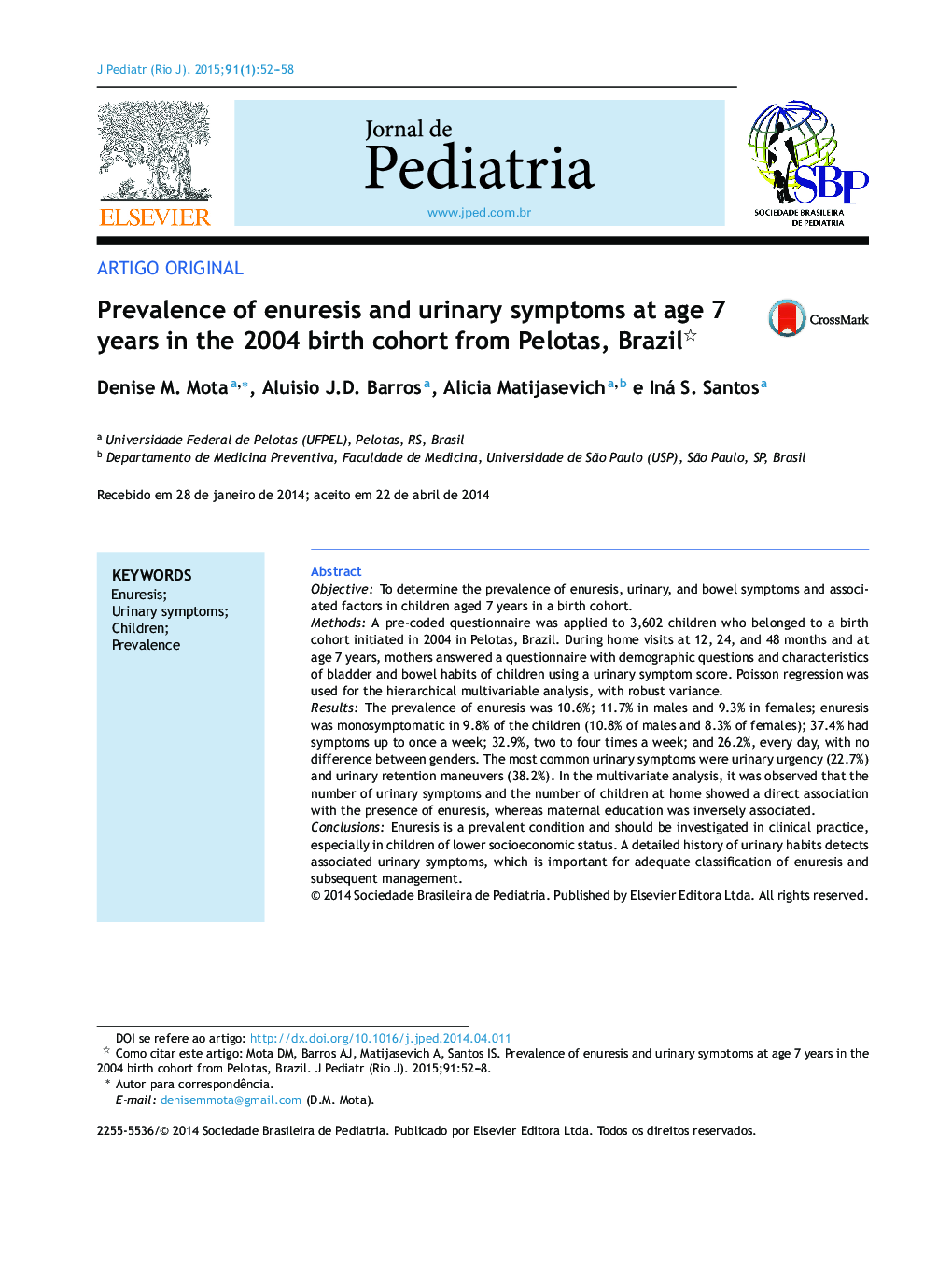 Prevalence of enuresis and urinary symptoms at age 7 years in the 2004 birth cohort from Pelotas, Brazil 