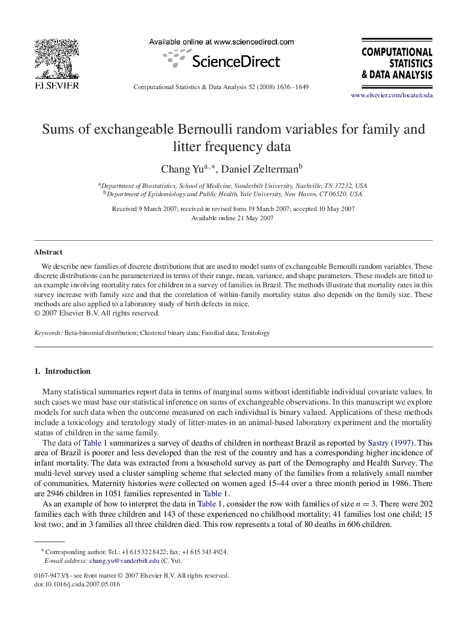 عکس صفحه اول مقاله: Sums of exchangeable Bernoulli random variables for family and litter frequency data Sums of exchangeable Bernoulli random variables for family and litter frequency data