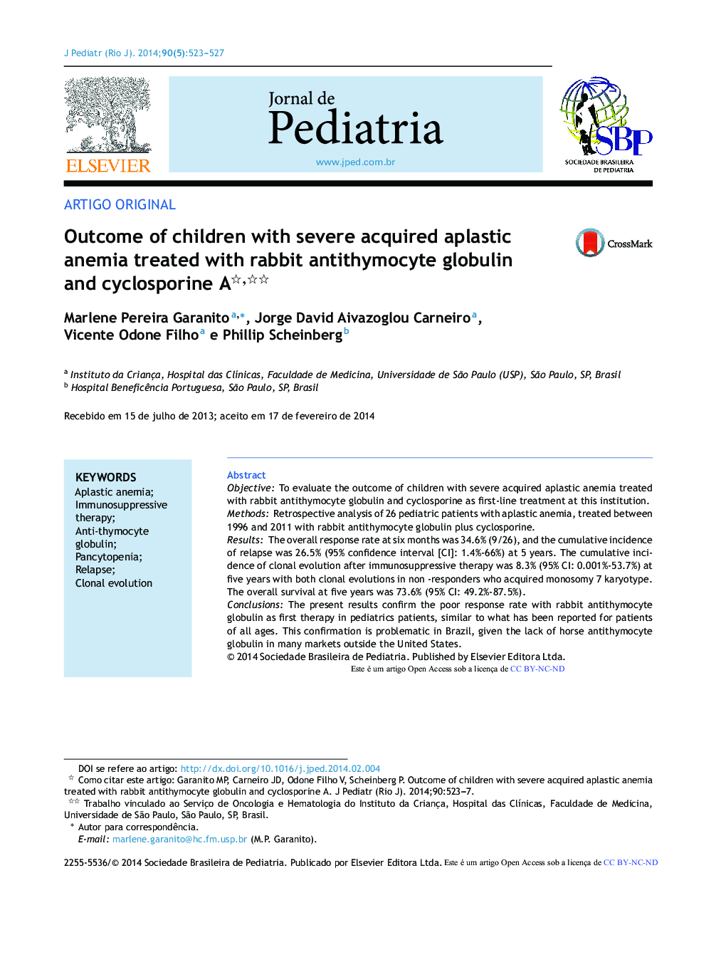 Outcome of children with severe acquired aplastic anemia treated with rabbit antithymocyte globulin and cyclosporine A 