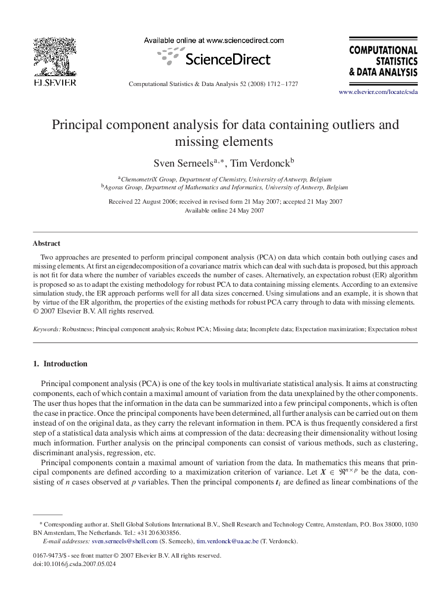 Principal component analysis for data containing outliers and missing elements