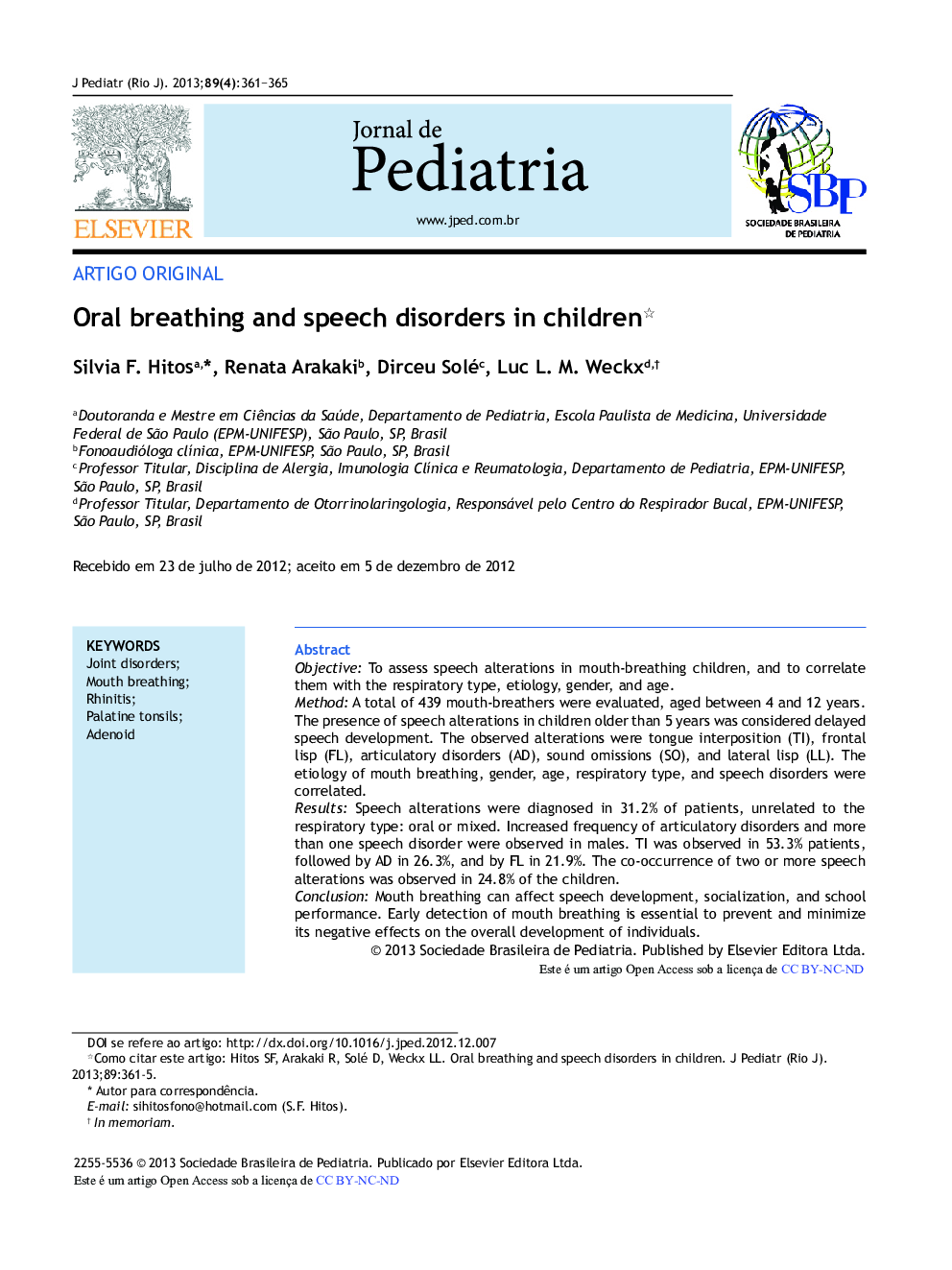 Oral breathing and speech disorders in children 