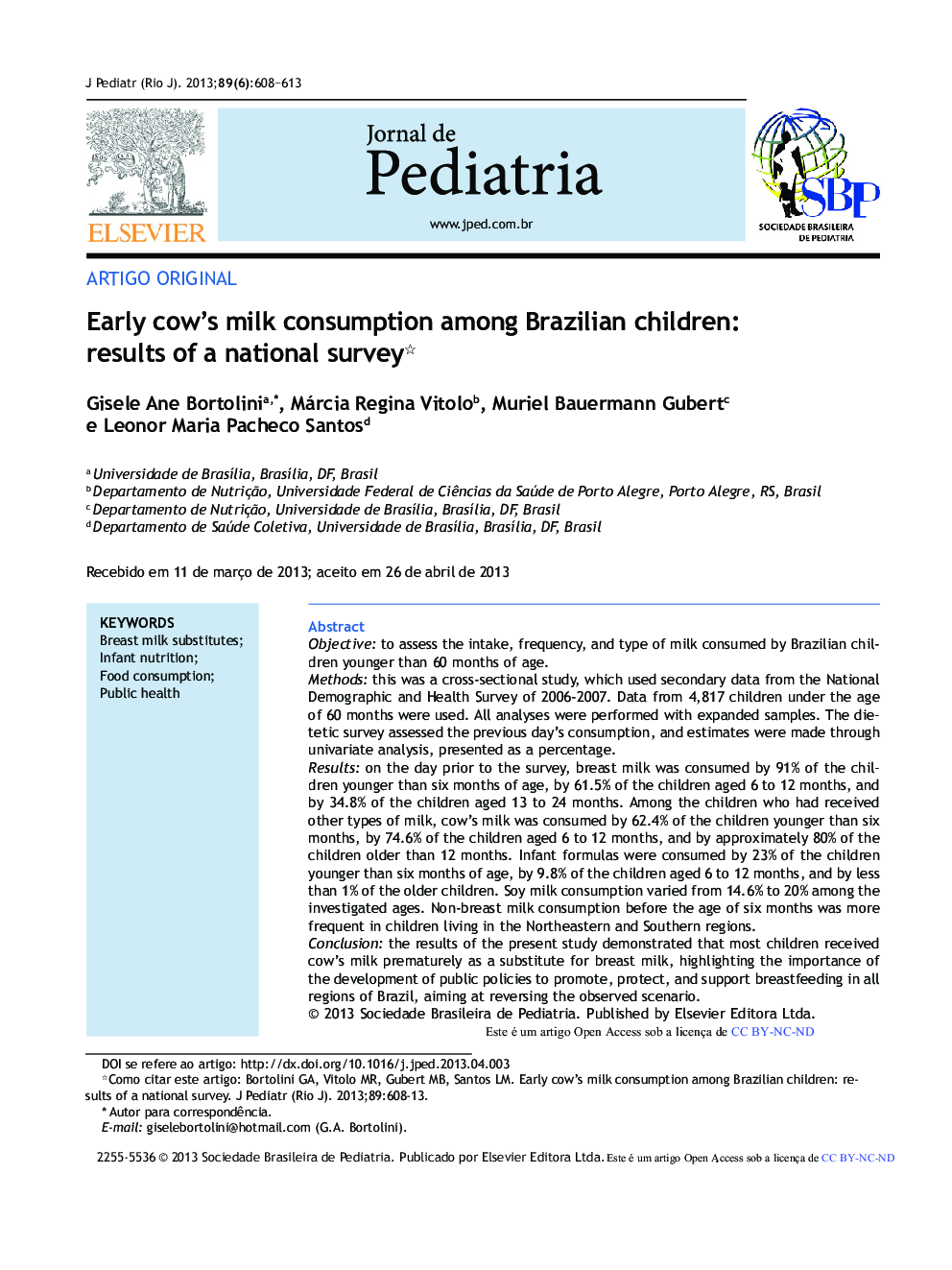 Early cow's milk consumption among Brazilian children: Results of a national survey 