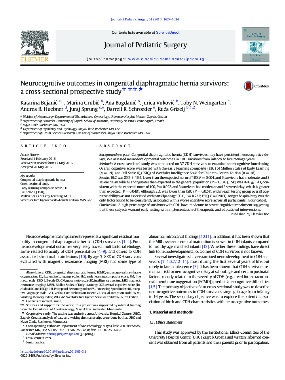 Neurocognitive outcomes in congenital diaphragmatic hernia survivors: a cross-sectional prospective study ★