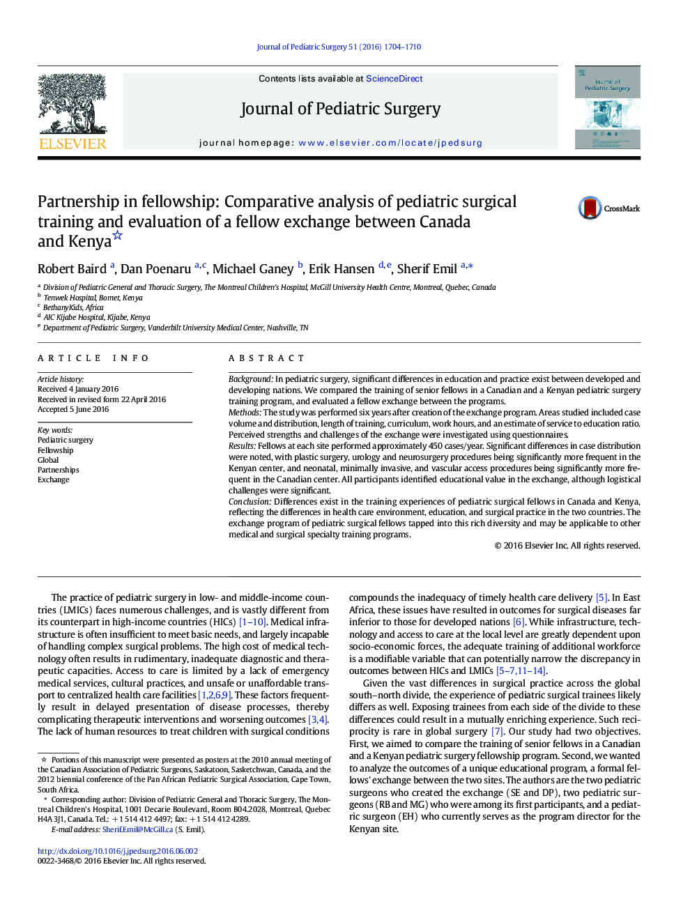 Partnership in fellowship: Comparative analysis of pediatric surgical training and evaluation of a fellow exchange between Canada and Kenya 