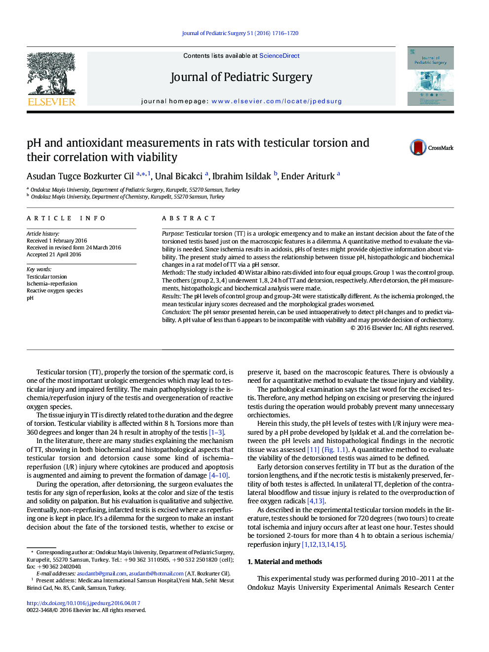 pH and antioxidant measurements in rats with testicular torsion and their correlation with viability