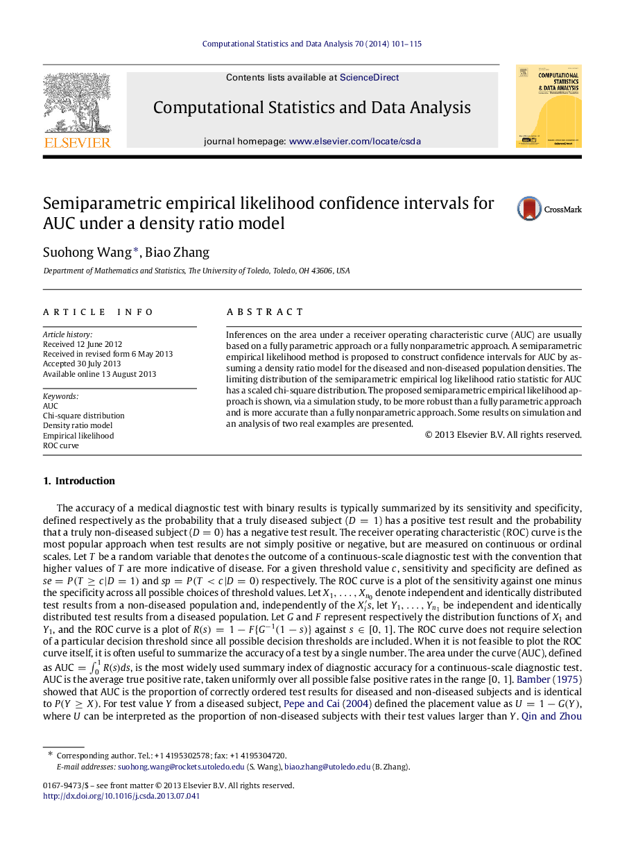 Semiparametric empirical likelihood confidence intervals for AUC under a density ratio model