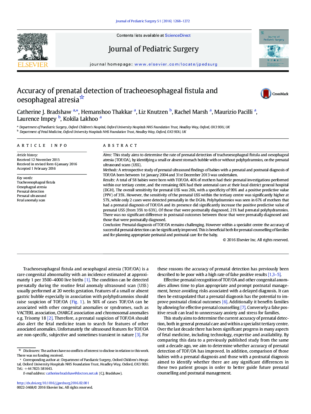 Accuracy of prenatal detection of tracheoesophageal fistula and oesophageal atresia 