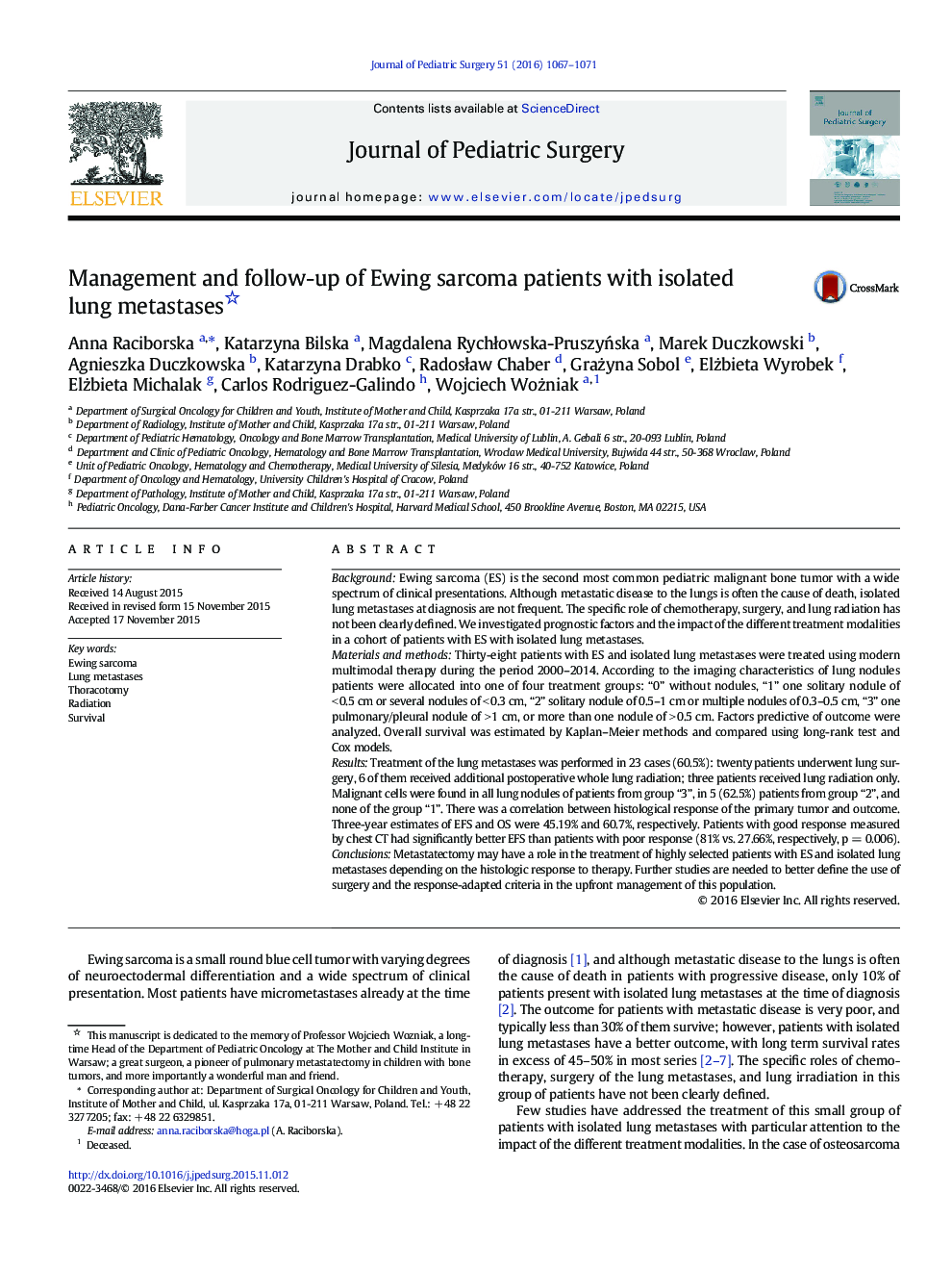 Management and follow-up of Ewing sarcoma patients with isolated lung metastases 