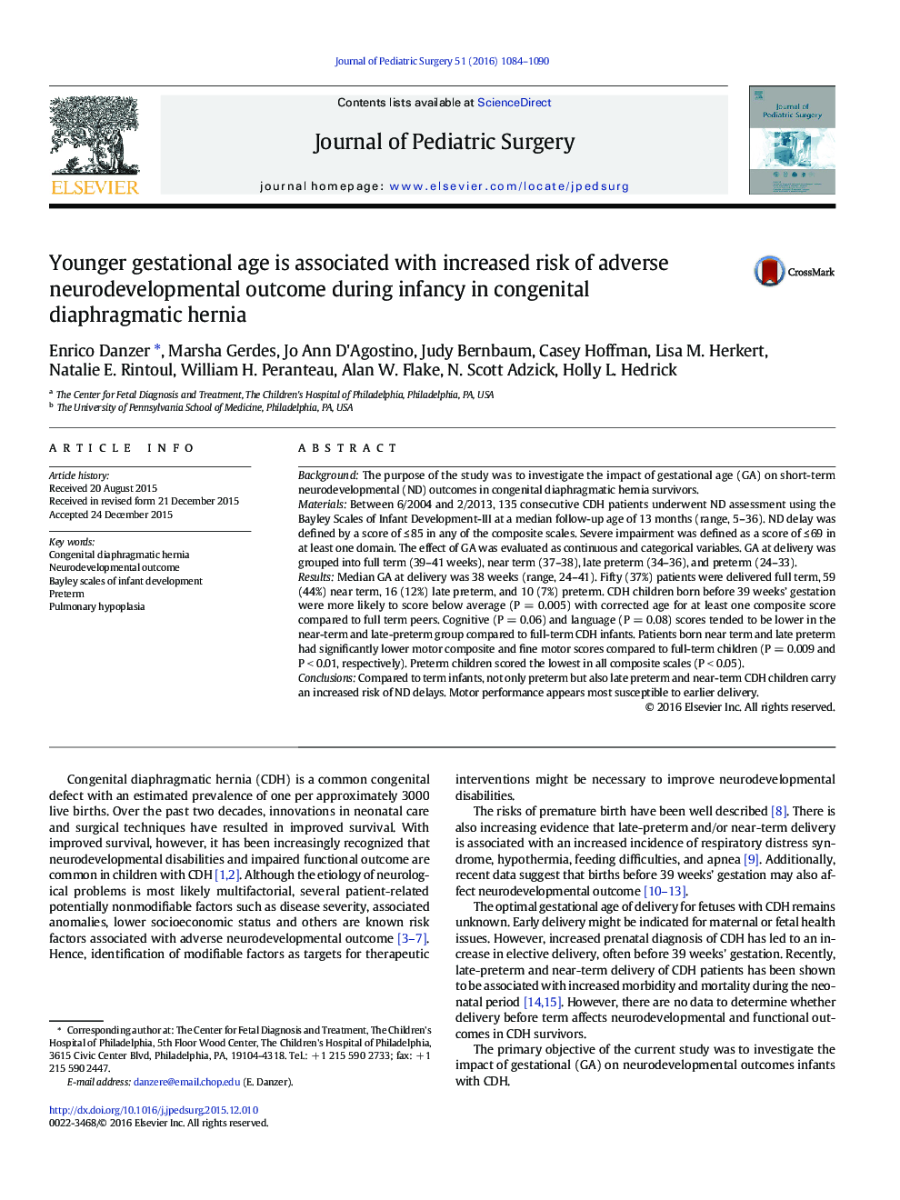 Younger gestational age is associated with increased risk of adverse neurodevelopmental outcome during infancy in congenital diaphragmatic hernia