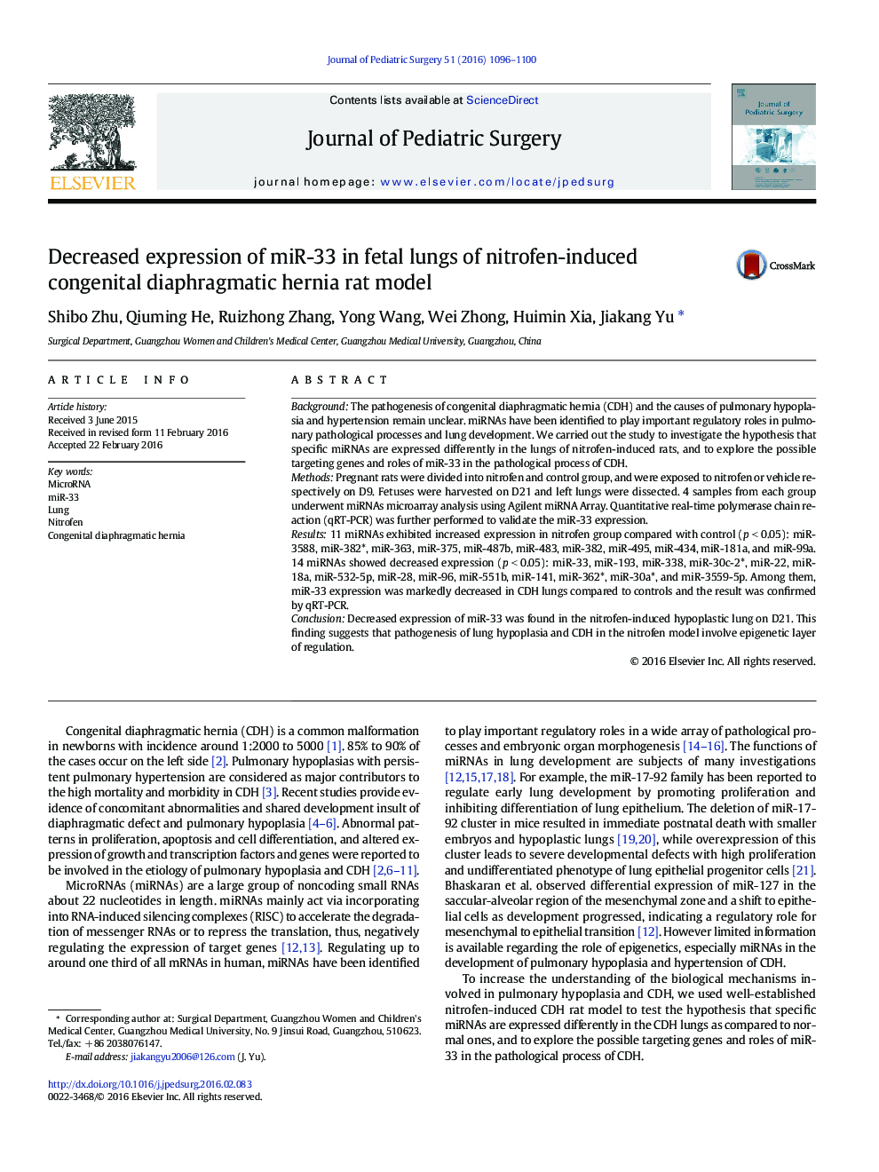 Decreased expression of miR-33 in fetal lungs of nitrofen-induced congenital diaphragmatic hernia rat model