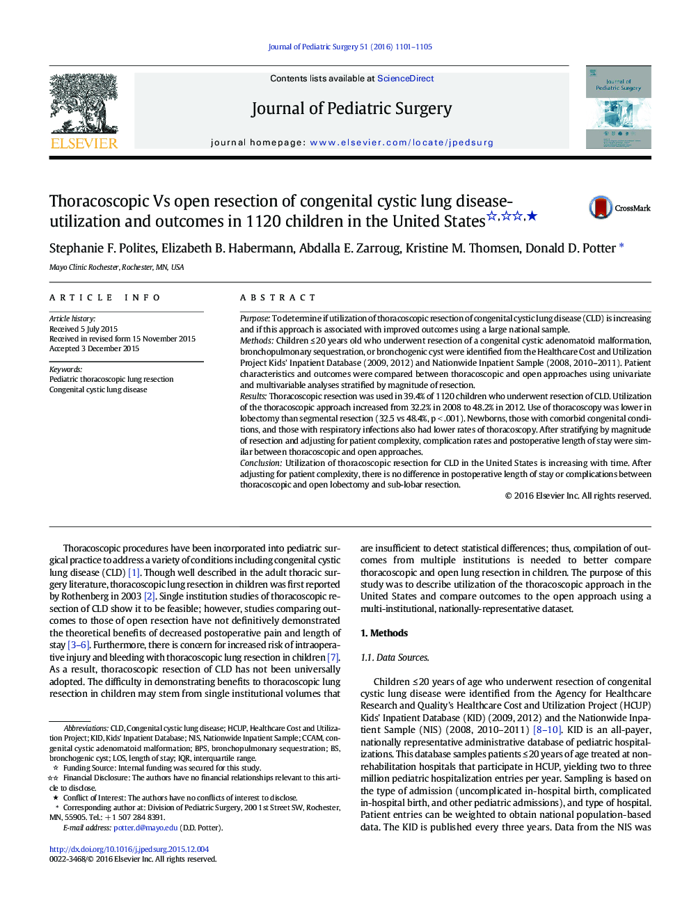 Thoracoscopic Vs open resection of congenital cystic lung disease- utilization and outcomes in 1120 children in the United States ★