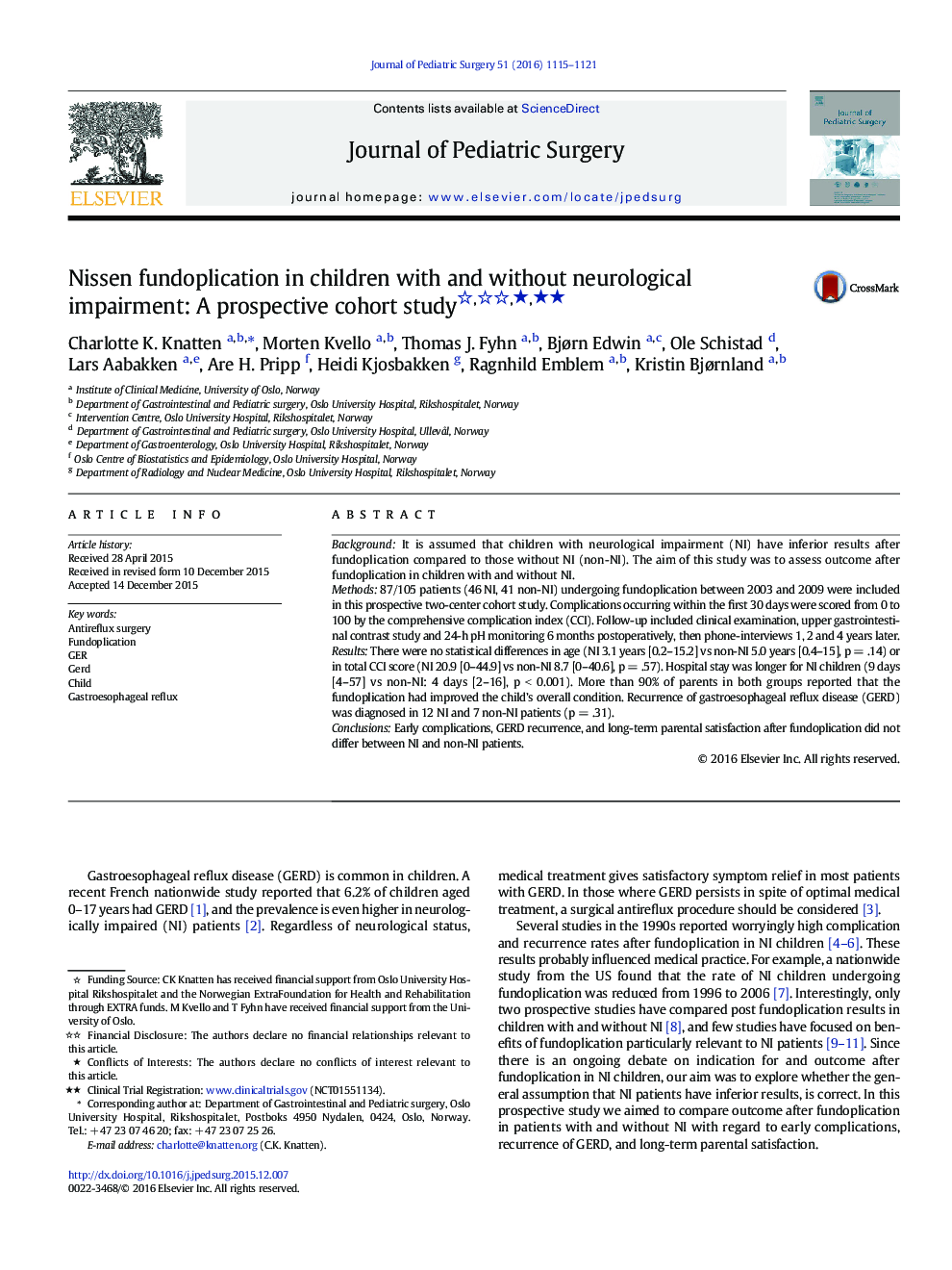 Nissen fundoplication in children with and without neurological impairment: A prospective cohort study ★★★