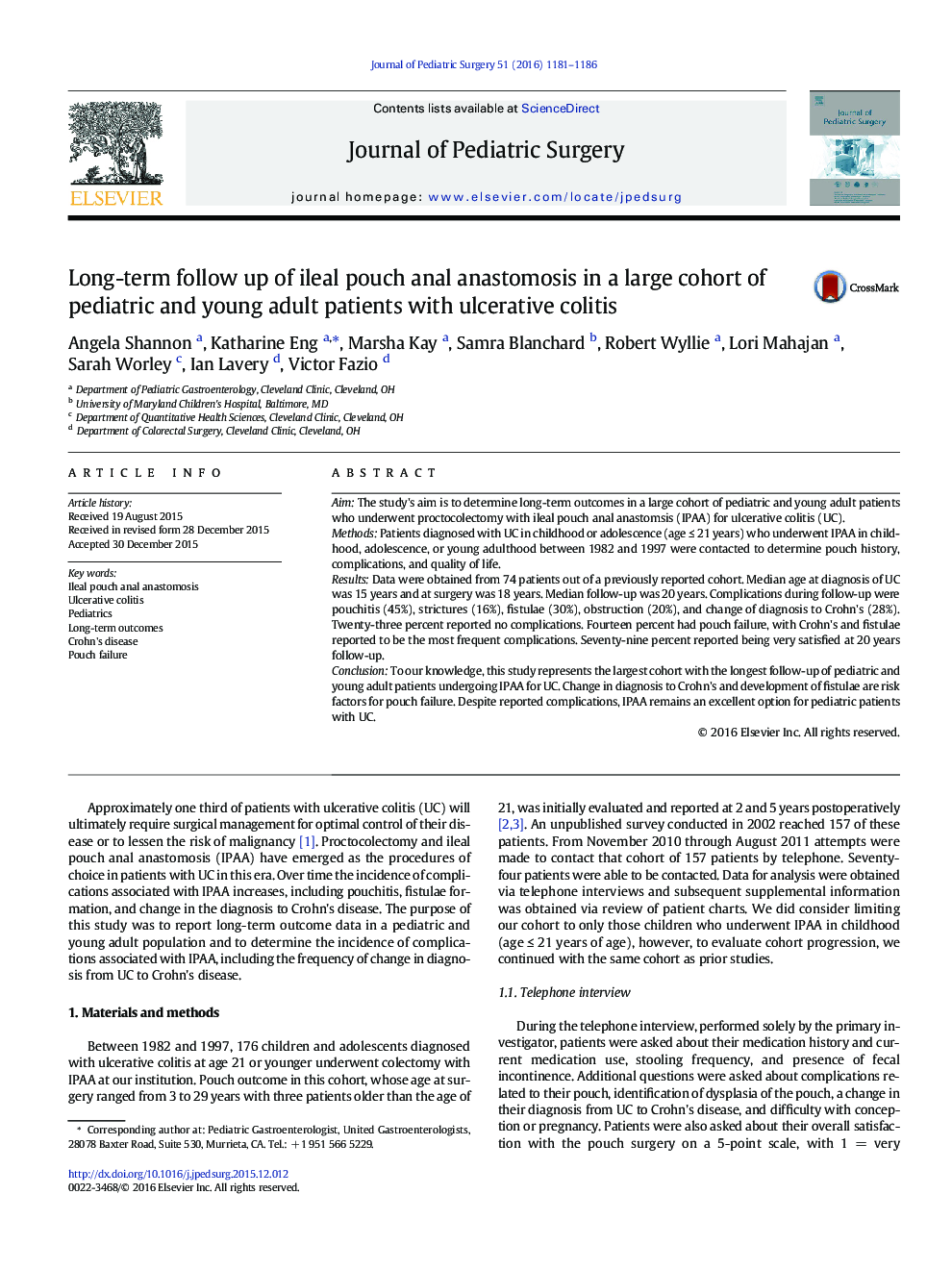 Long-term follow up of ileal pouch anal anastomosis in a large cohort of pediatric and young adult patients with ulcerative colitis