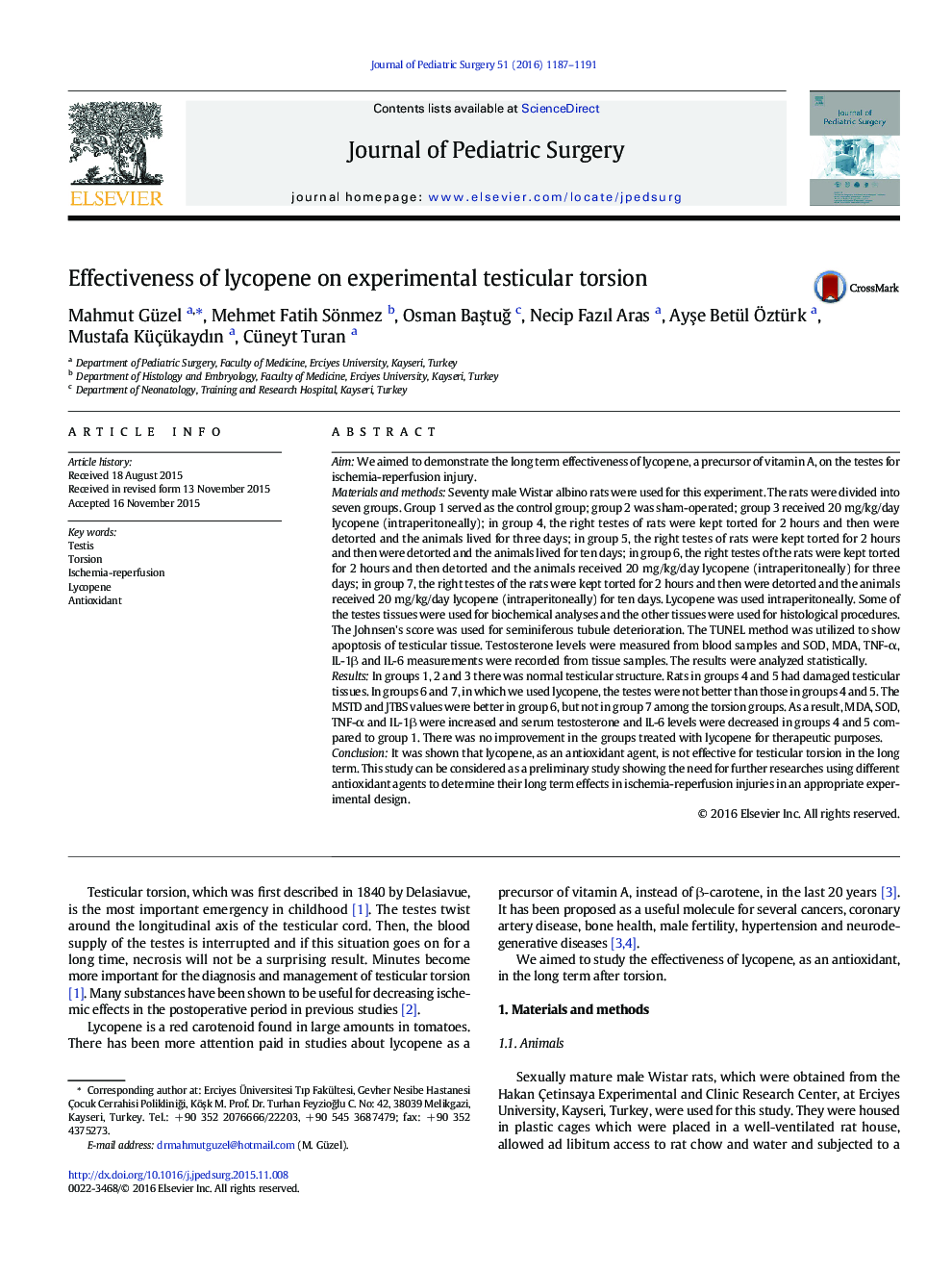 Effectiveness of lycopene on experimental testicular torsion