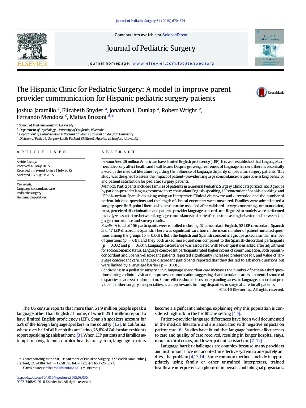 The Hispanic Clinic for Pediatric Surgery: A model to improve parent–provider communication for Hispanic pediatric surgery patients