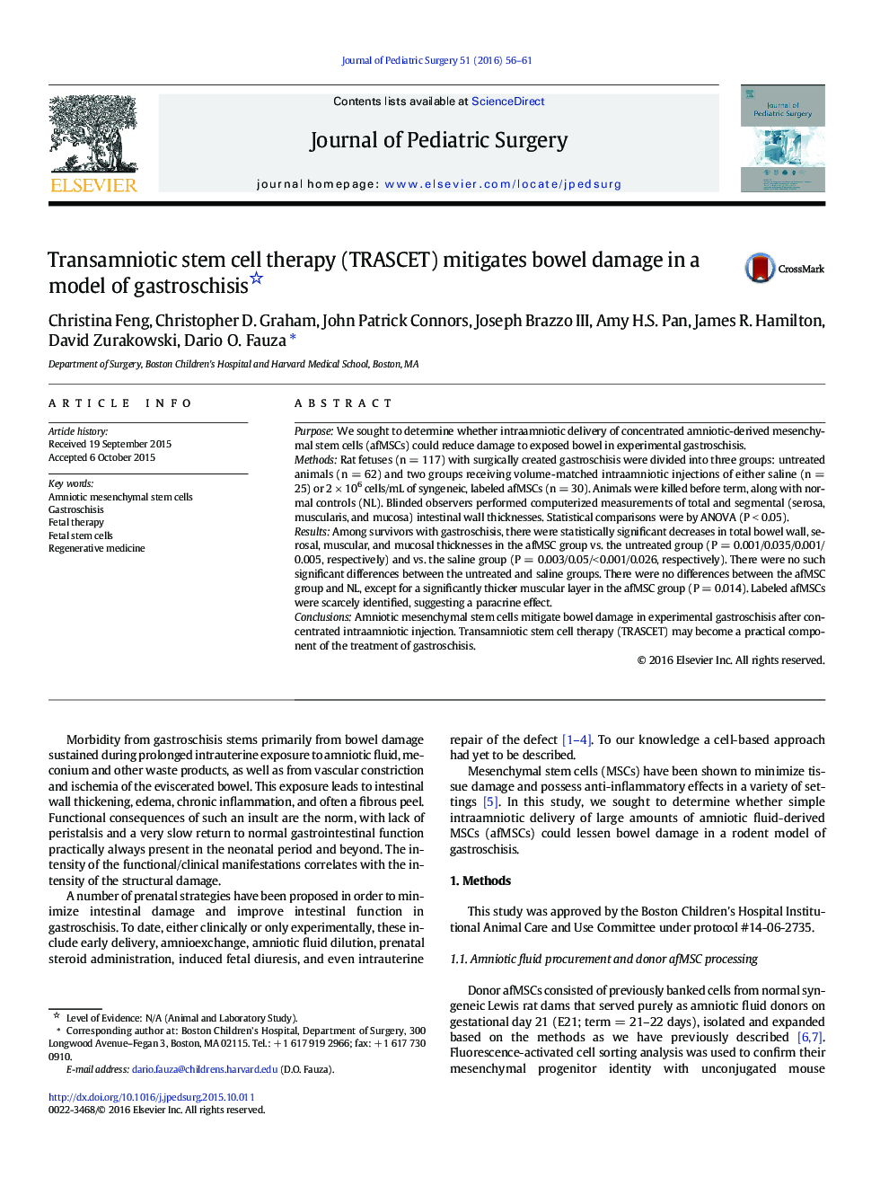 عکس صفحه اول مقاله: Transamniotic stem cell therapy (TRASCET) mitigates bowel damage in a model of gastroschisis Transamniotic stem cell therapy (TRASCET) mitigates bowel damage in a model of gastroschisis