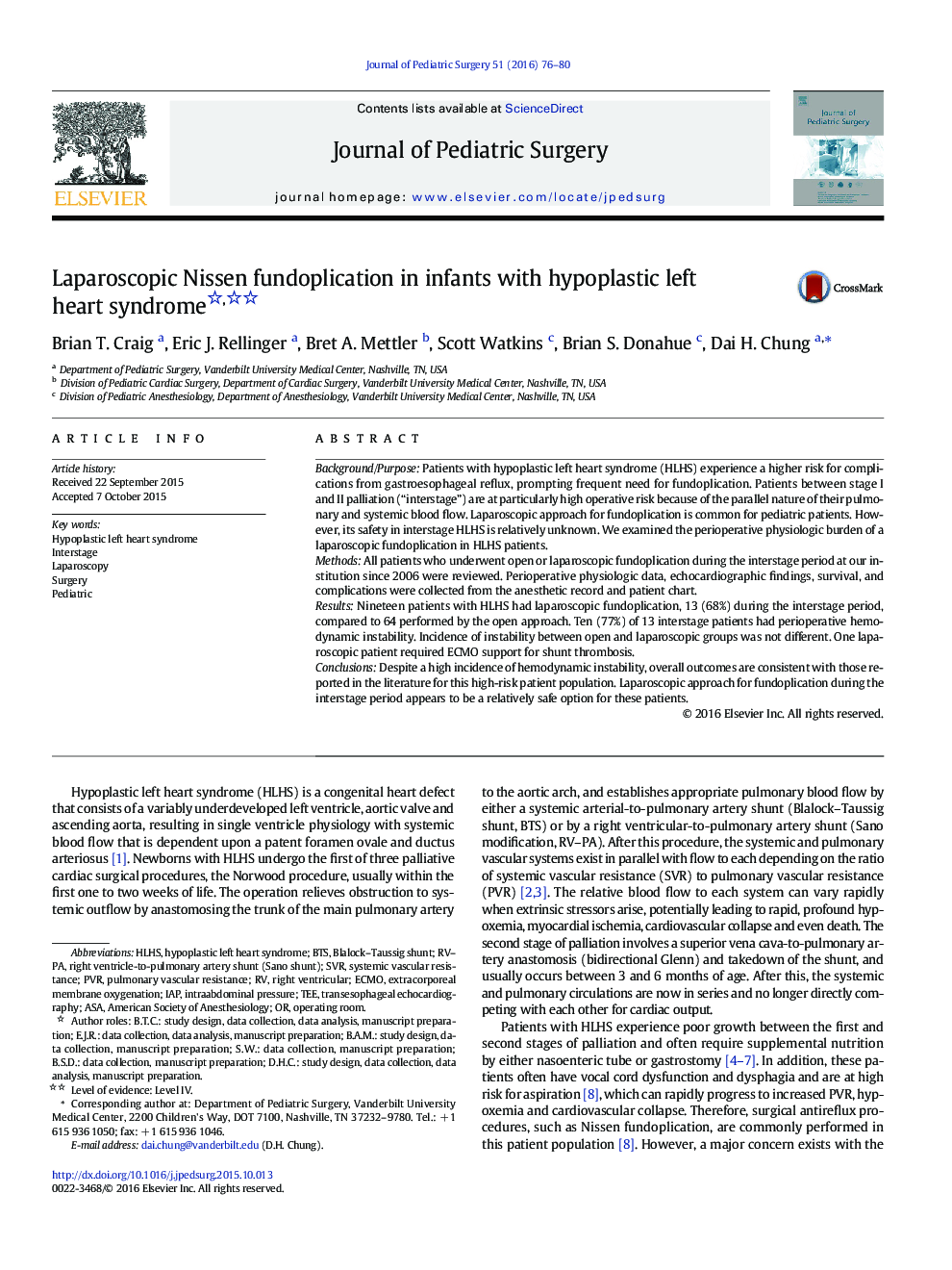 Laparoscopic Nissen fundoplication in infants with hypoplastic left heart syndrome 