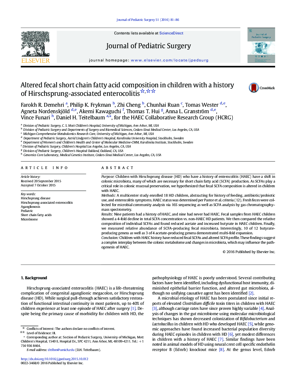 Altered fecal short chain fatty acid composition in children with a history of Hirschsprung-associated enterocolitis 