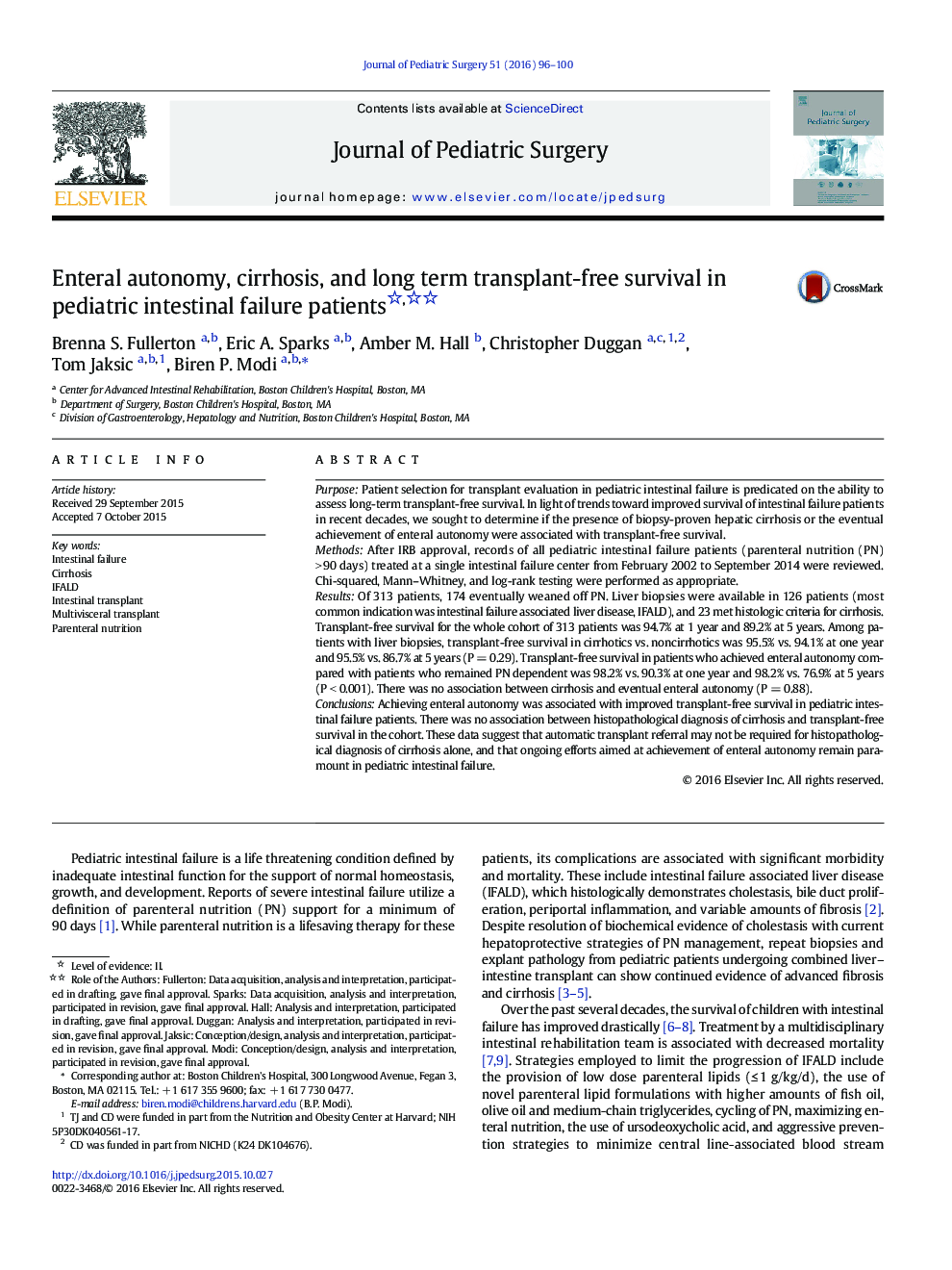 Enteral autonomy, cirrhosis, and long term transplant-free survival in pediatric intestinal failure patients 