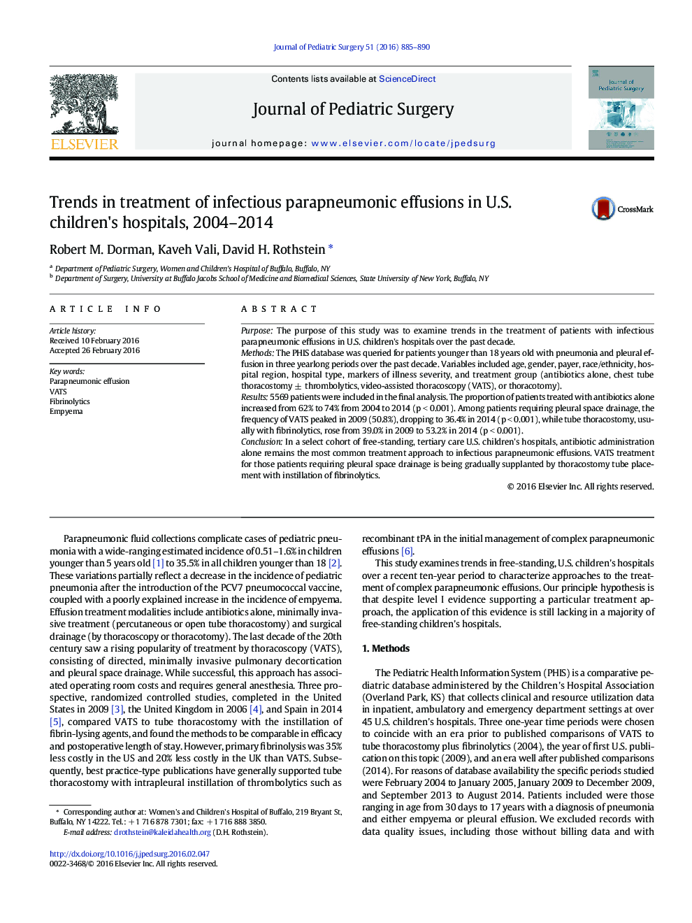 Trends in treatment of infectious parapneumonic effusions in U.S. children's hospitals, 2004–2014