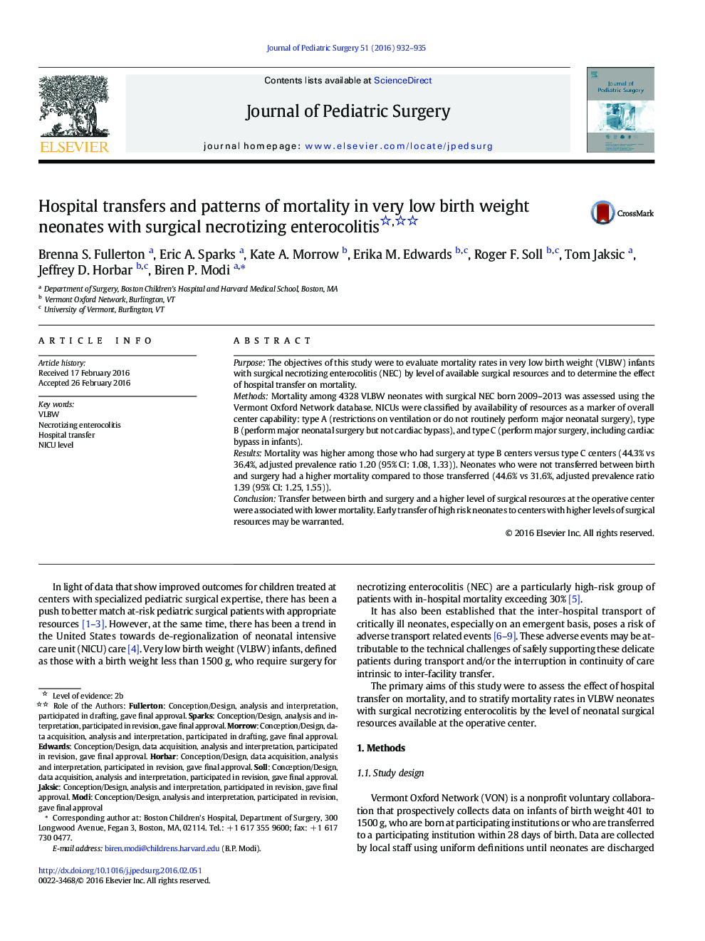 Hospital transfers and patterns of mortality in very low birth weight neonates with surgical necrotizing enterocolitis 