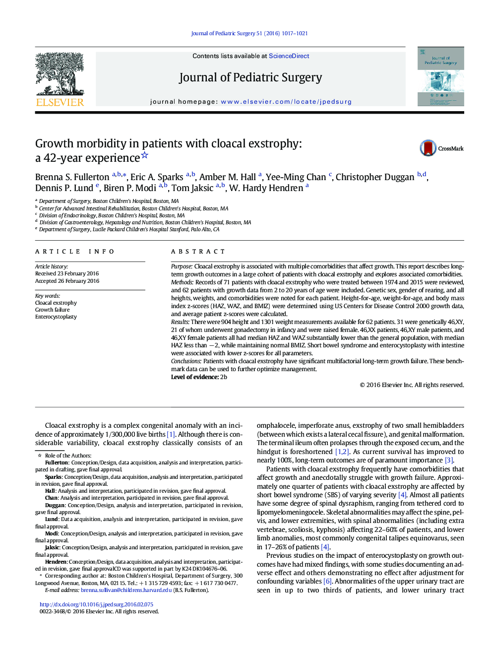 Growth morbidity in patients with cloacal exstrophy: a 42-year experience 