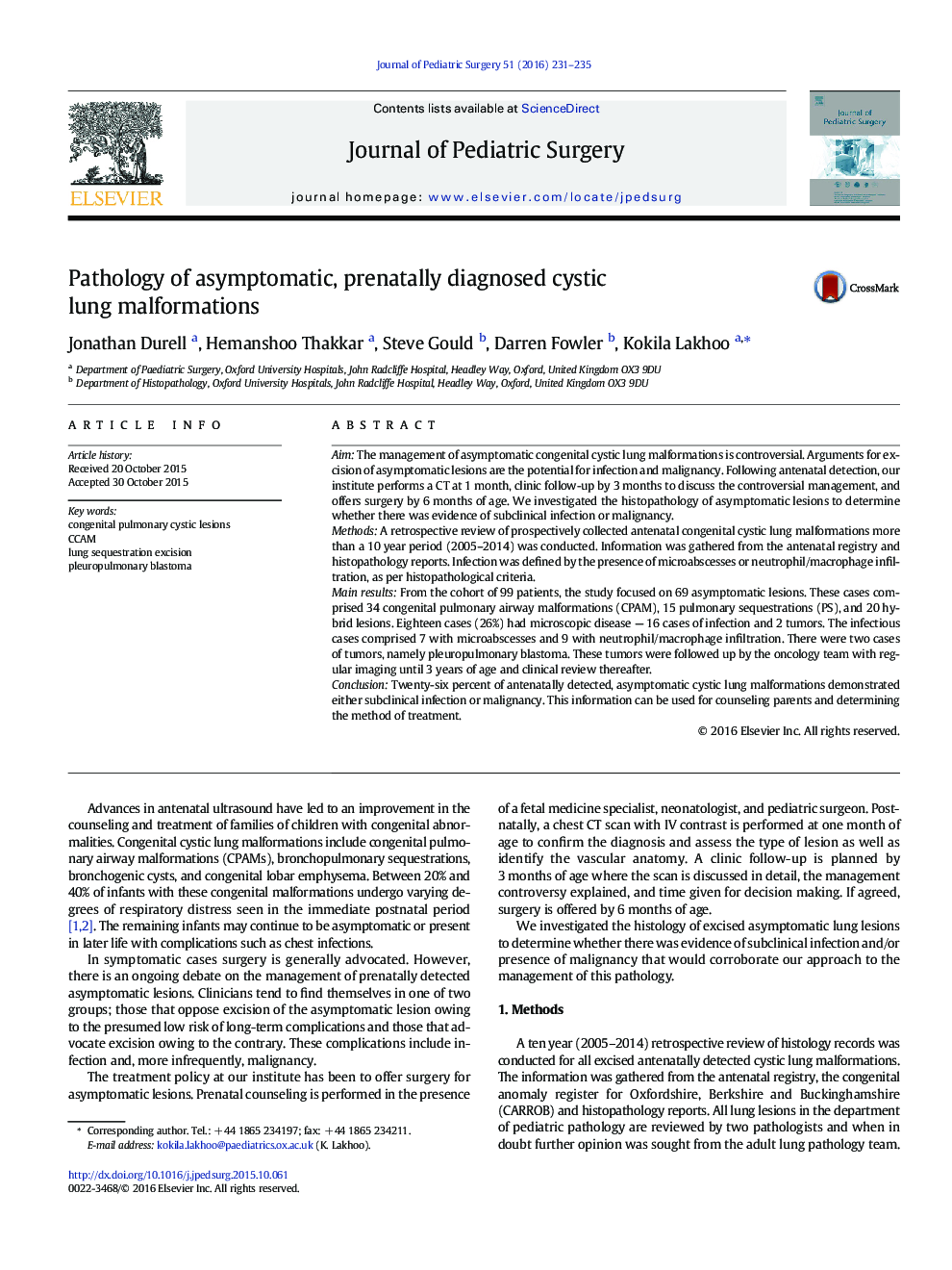 Pathology of asymptomatic, prenatally diagnosed cystic lung malformations