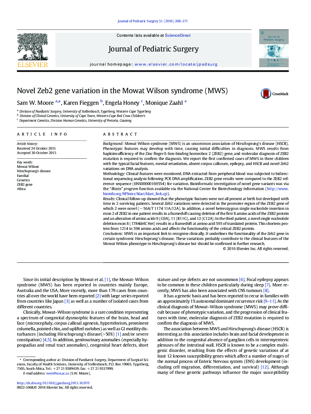 Novel Zeb2 gene variation in the Mowat Wilson syndrome (MWS)