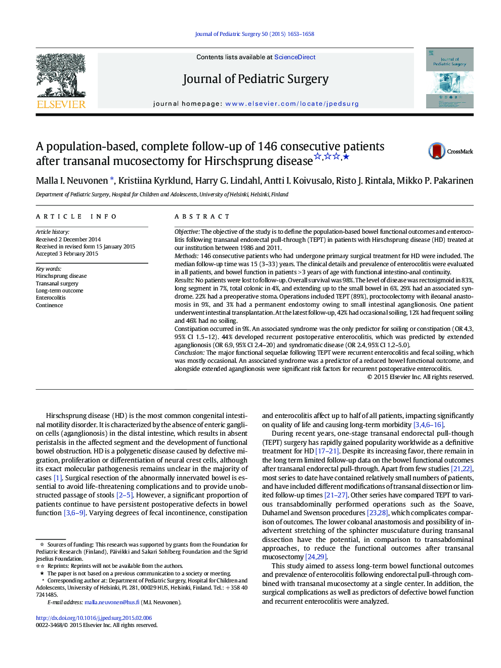 A population-based, complete follow-up of 146 consecutive patients after transanal mucosectomy for Hirschsprung disease ★