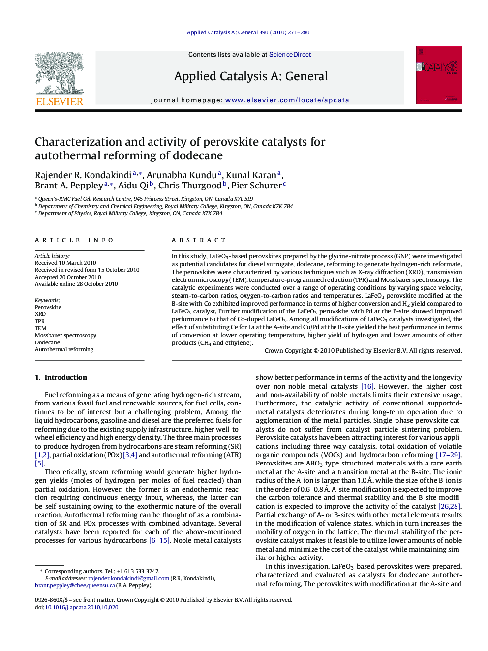 Characterization and activity of perovskite catalysts for autothermal reforming of dodecane