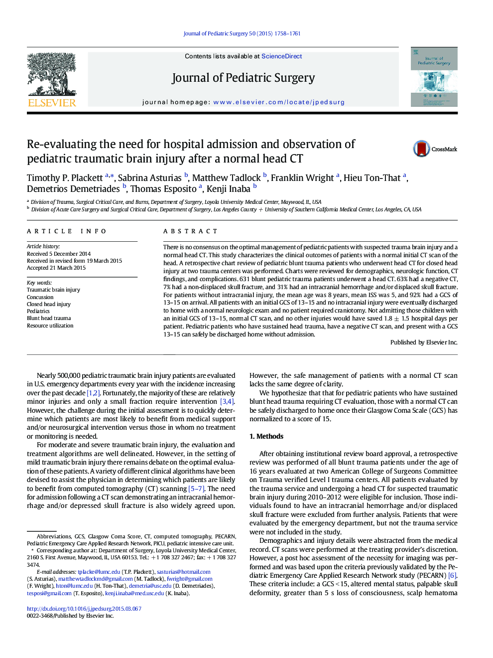 Re-evaluating the need for hospital admission and observation of pediatric traumatic brain injury after a normal head CT