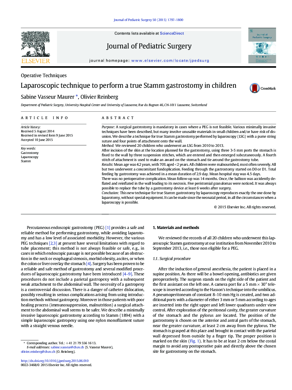 Laparoscopic technique to perform a true Stamm gastrostomy in children