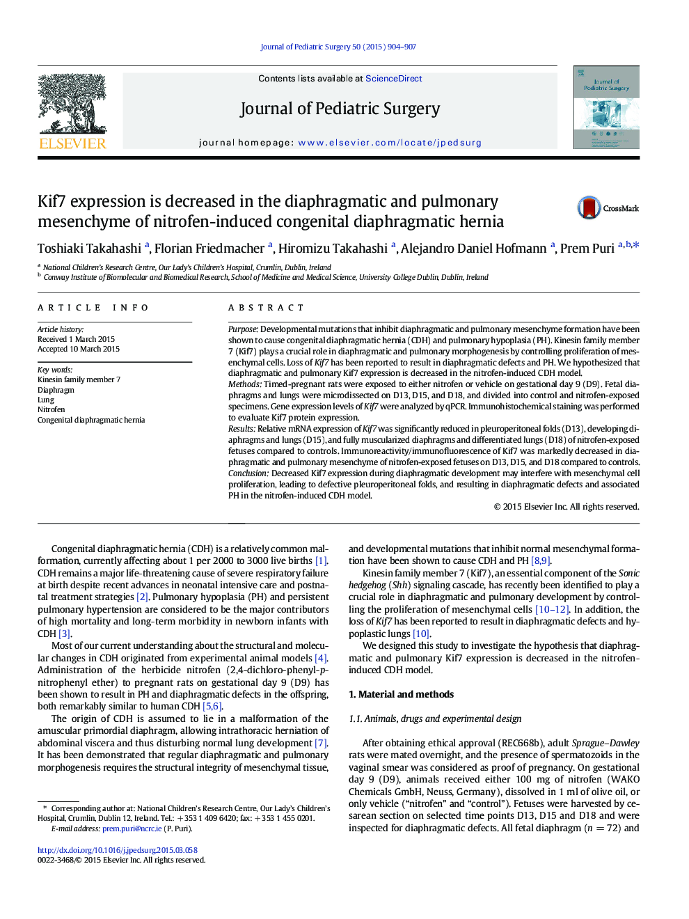 Kif7 expression is decreased in the diaphragmatic and pulmonary mesenchyme of nitrofen-induced congenital diaphragmatic hernia