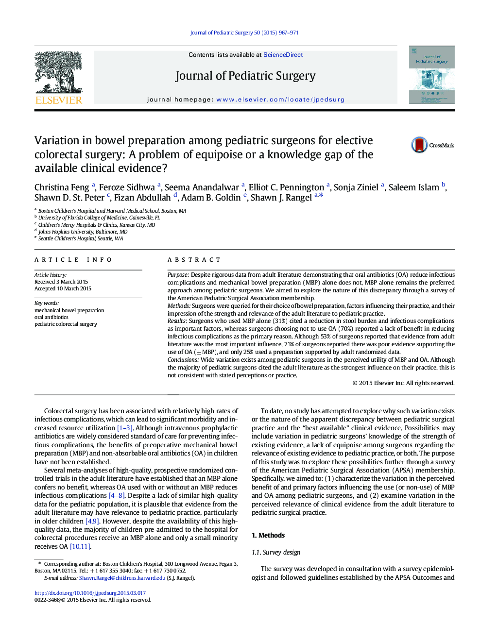Variation in bowel preparation among pediatric surgeons for elective colorectal surgery: A problem of equipoise or a knowledge gap of the available clinical evidence?