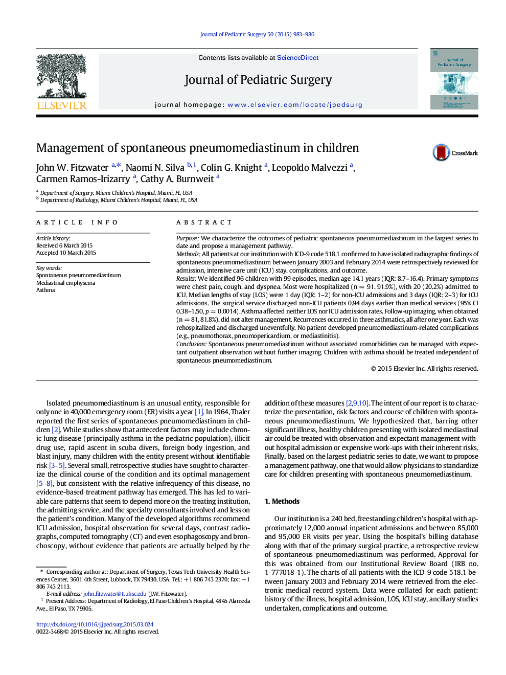 Management of spontaneous pneumomediastinum in children