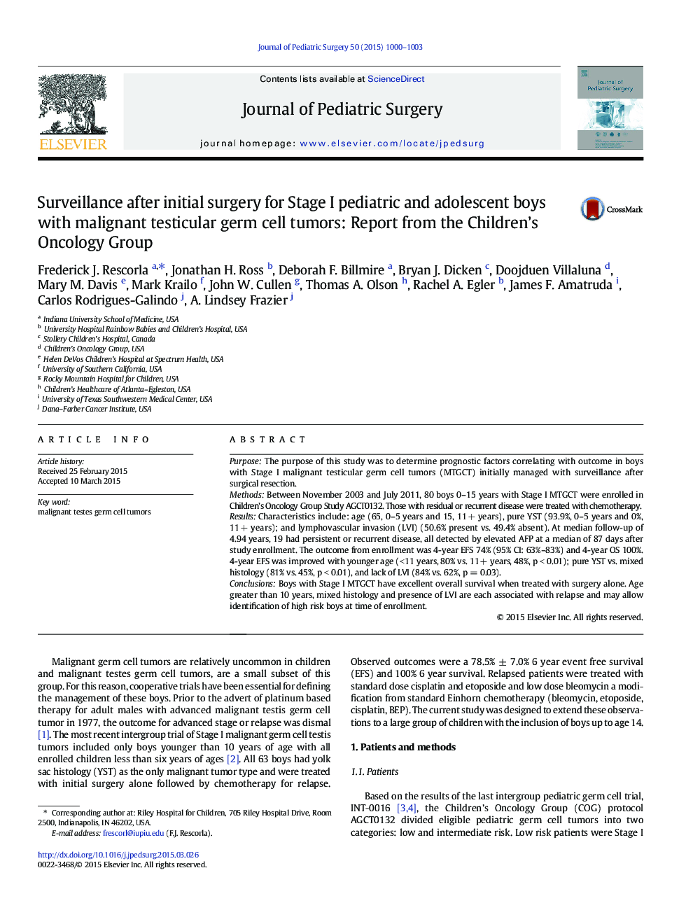 Surveillance after initial surgery for Stage I pediatric and adolescent boys with malignant testicular germ cell tumors: Report from the Children’s Oncology Group