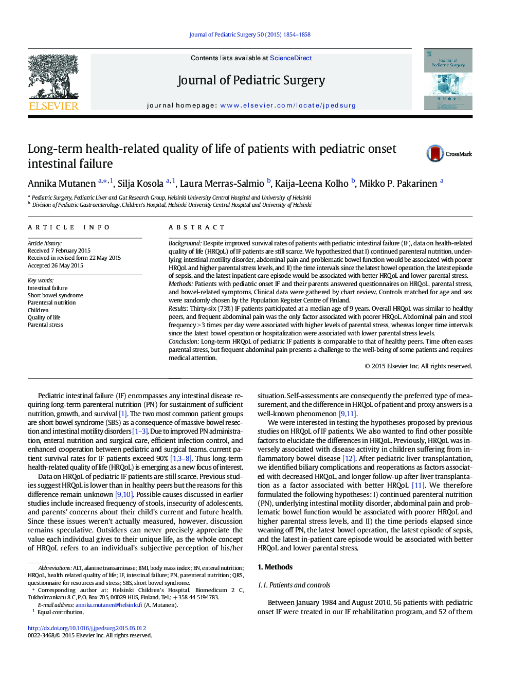 Long-term health-related quality of life of patients with pediatric onset intestinal failure