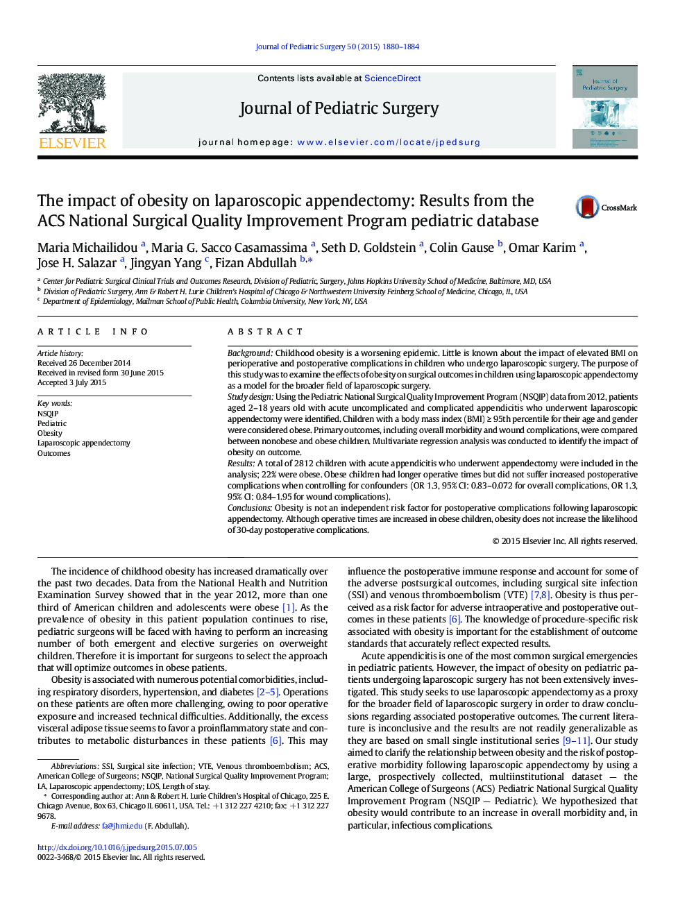The impact of obesity on laparoscopic appendectomy: Results from the ACS National Surgical Quality Improvement Program pediatric database
