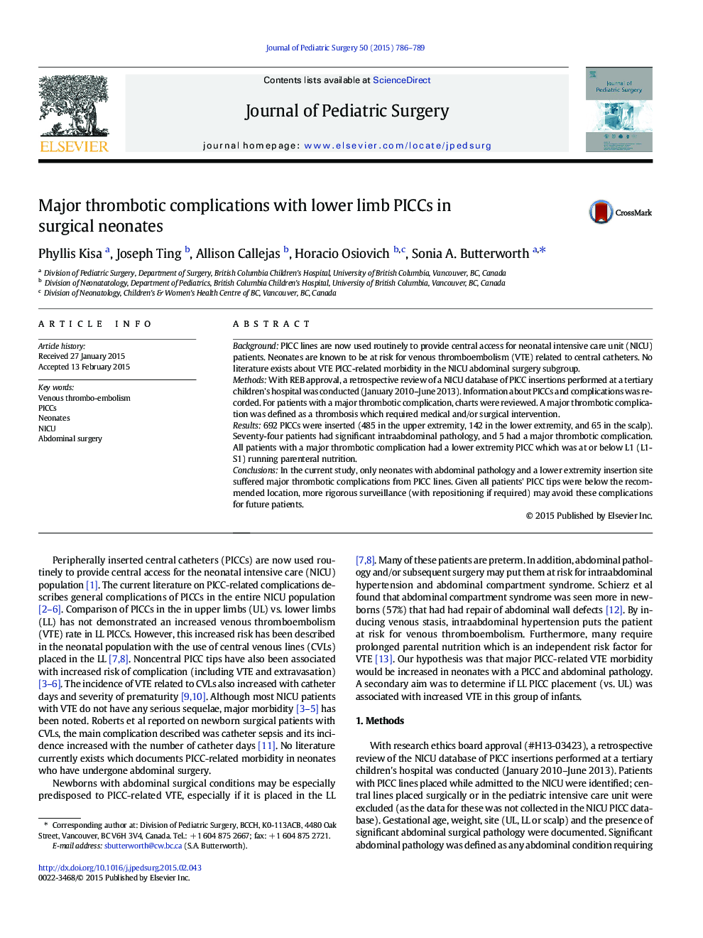 Major thrombotic complications with lower limb PICCs in surgical neonates