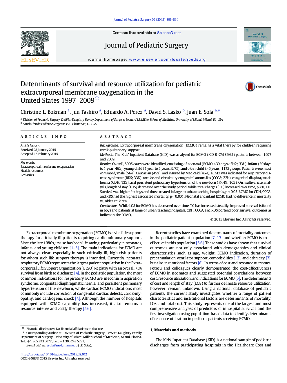 Determinants of survival and resource utilization for pediatric extracorporeal membrane oxygenation in the United States 1997–2009 