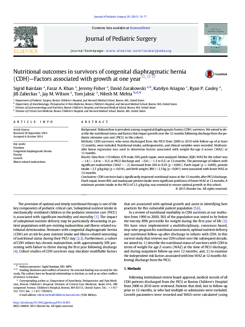 Nutritional outcomes in survivors of congenital diaphragmatic hernia (CDH)—Factors associated with growth at one year 