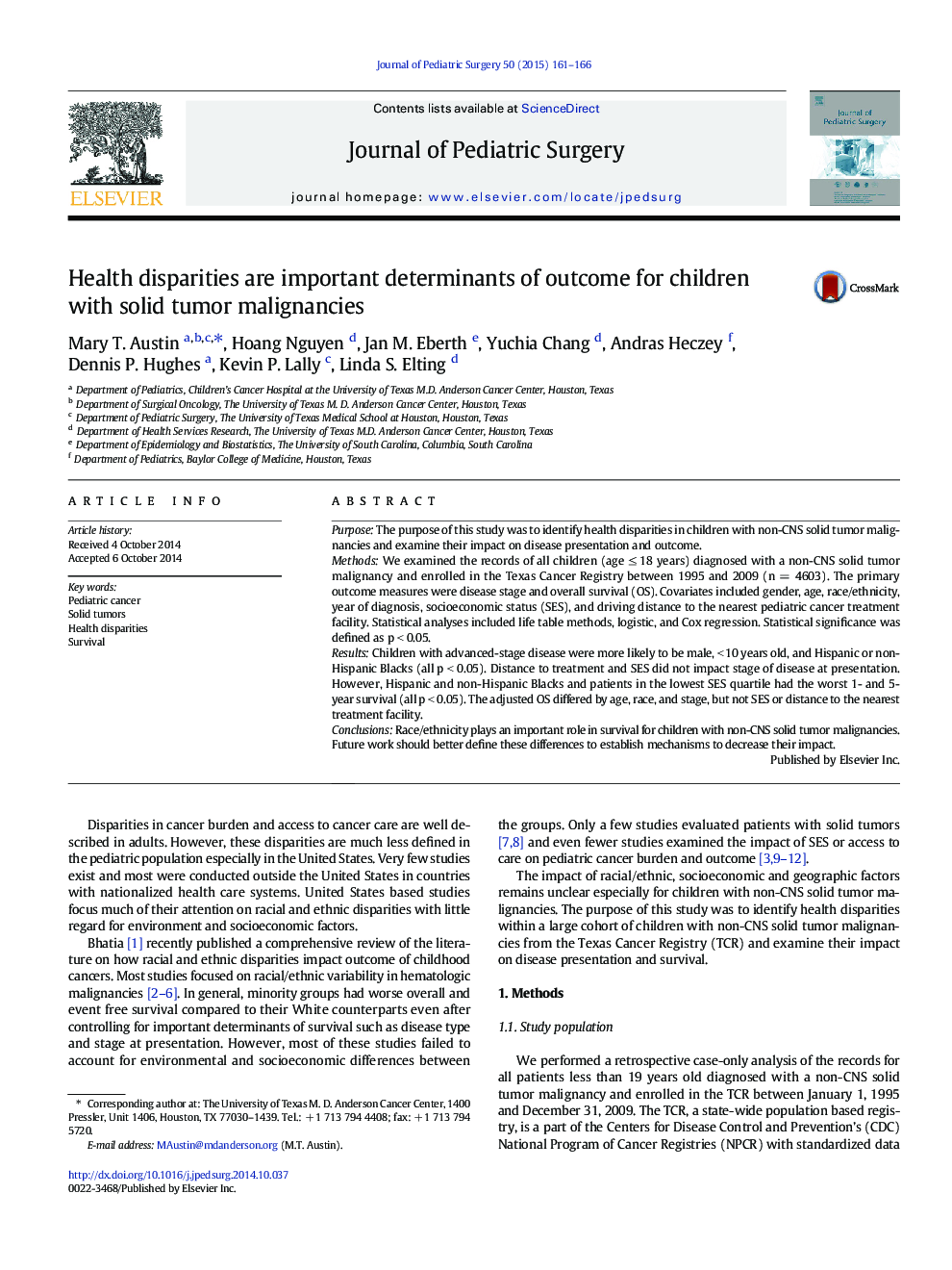 Health disparities are important determinants of outcome for children with solid tumor malignancies