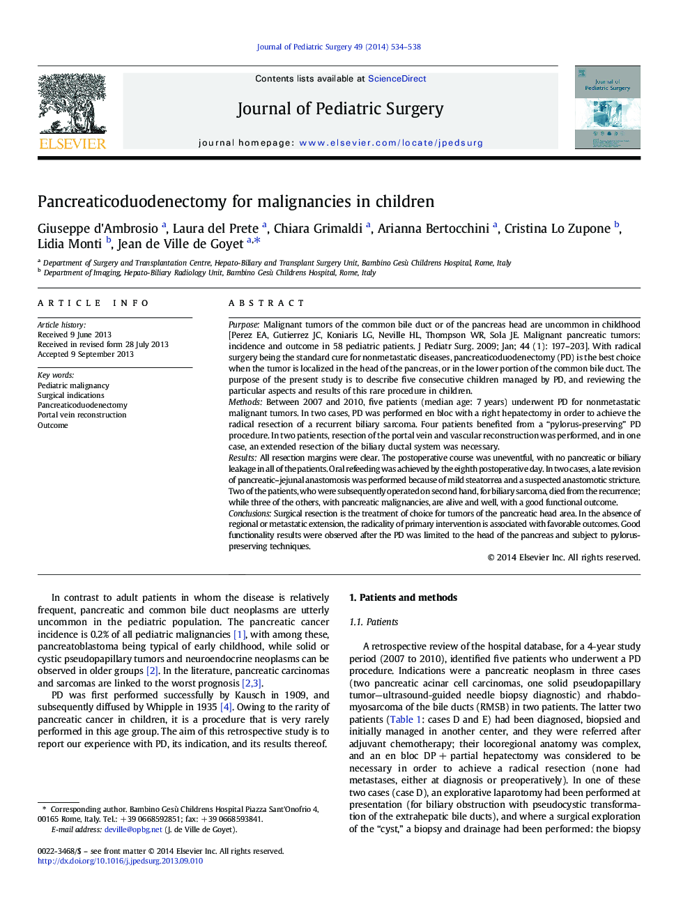 Pancreaticoduodenectomy for malignancies in children