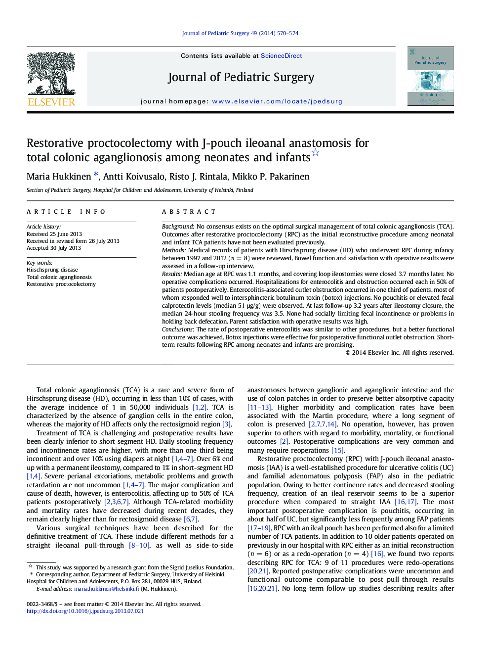 Restorative proctocolectomy with J-pouch ileoanal anastomosis for total colonic aganglionosis among neonates and infants 