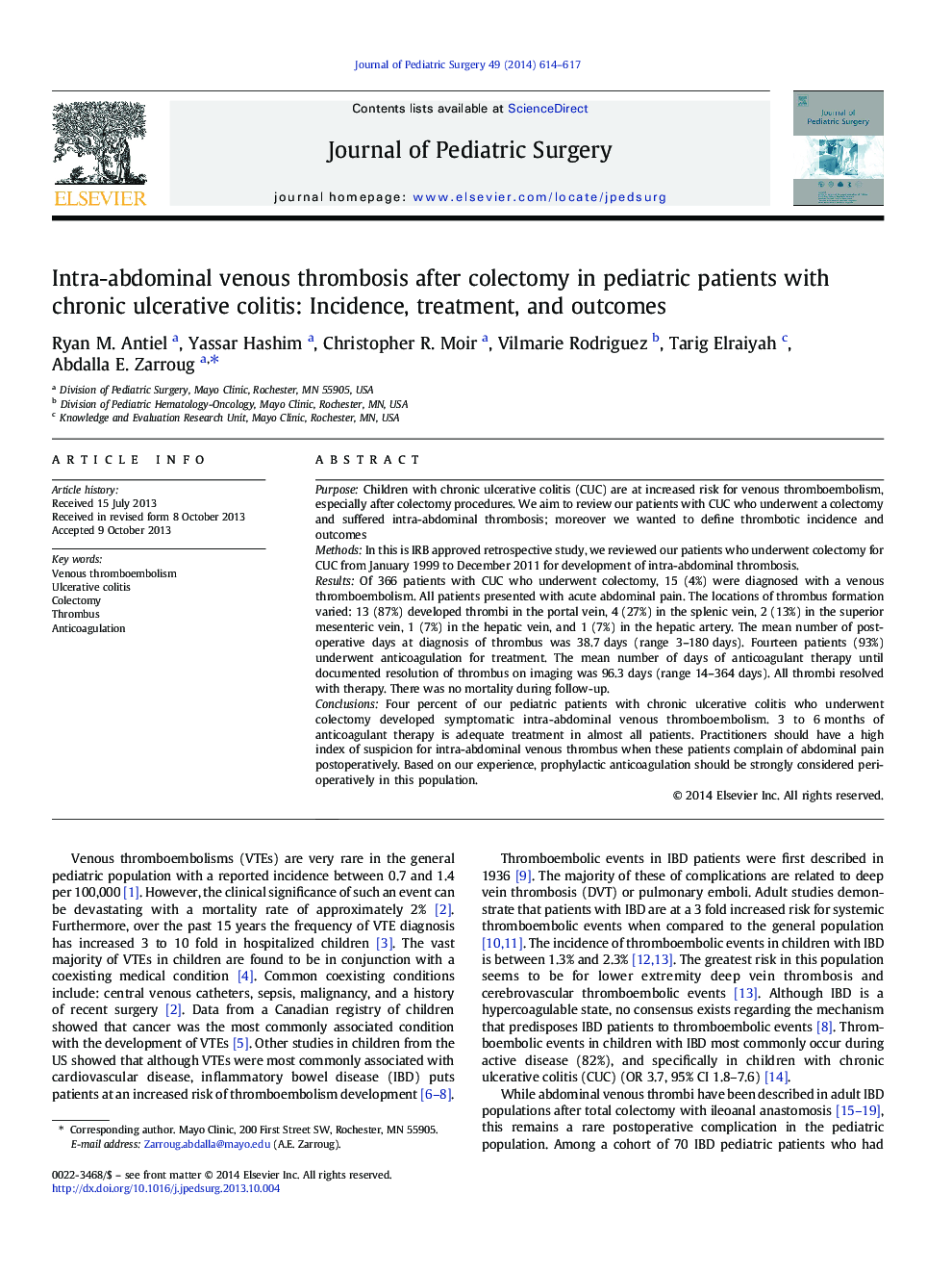 Intra-abdominal venous thrombosis after colectomy in pediatric patients with chronic ulcerative colitis: Incidence, treatment, and outcomes