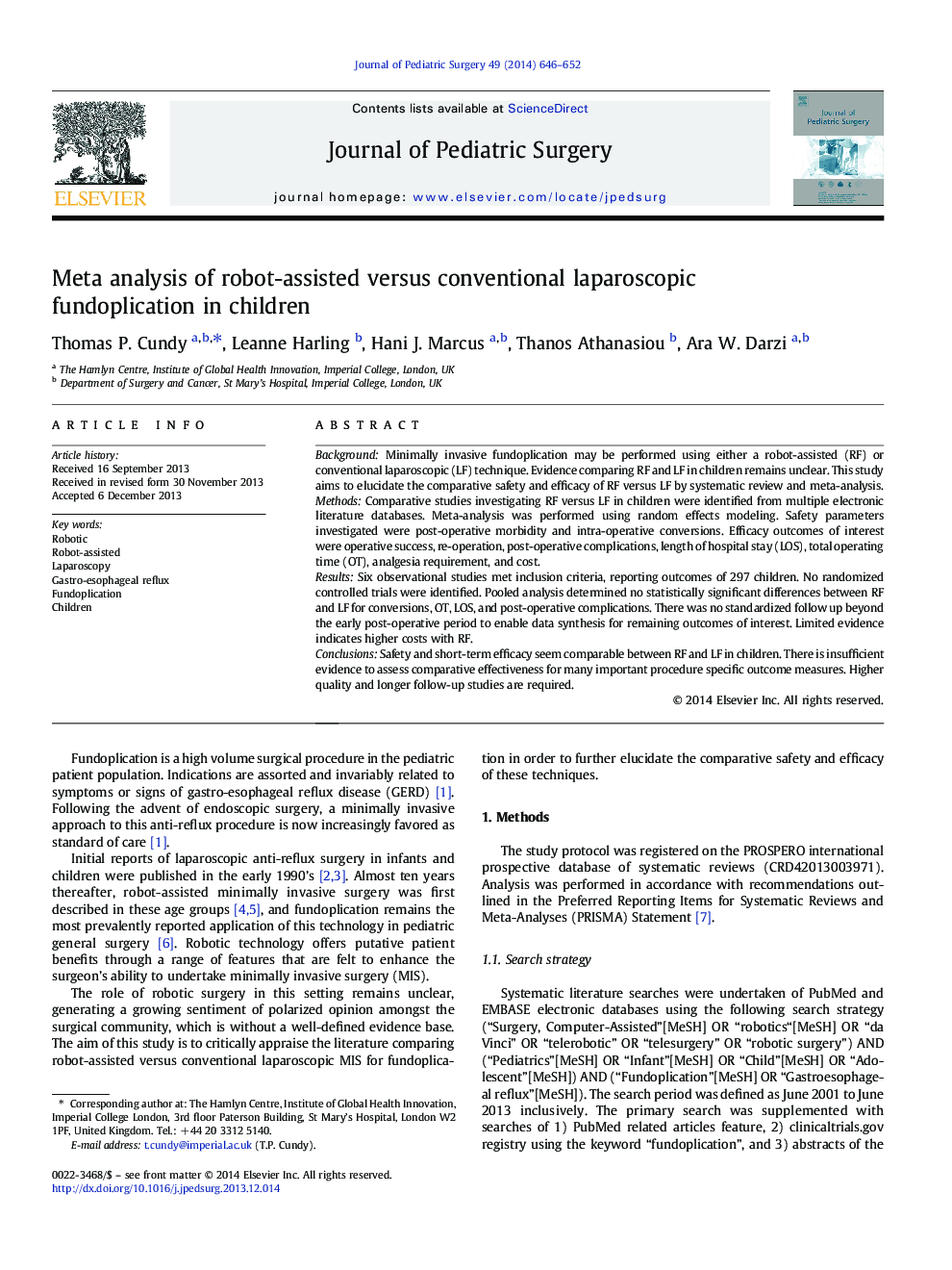 Meta analysis of robot-assisted versus conventional laparoscopic fundoplication in children